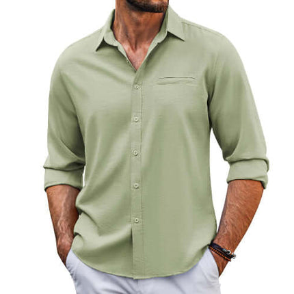 Casual Long Sleeve Shirt With Pocket Lace Polo Collar in light green color, showcasing a stylish design and a comfortable fit.
