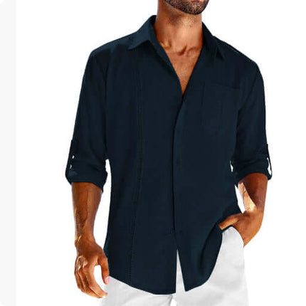 Casual Long Sleeve Shirt With Pocket Lace Polo Collar in dark color, stylish and comfortable for casual occasions.
