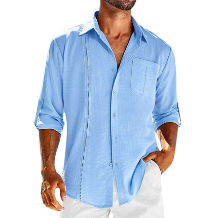 Casual Long Sleeve Shirt With Pocket Lace Polo Collar in light blue, featuring roll-up sleeves and a stylish design.