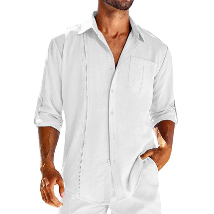 Casual Long Sleeve Shirt With Pocket Lace Polo Collar in white, featuring a collar, buttons, and rolled sleeves.