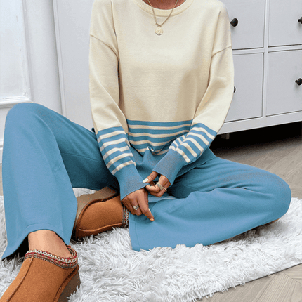 casual loose color block straight pants sweater set outfit front view