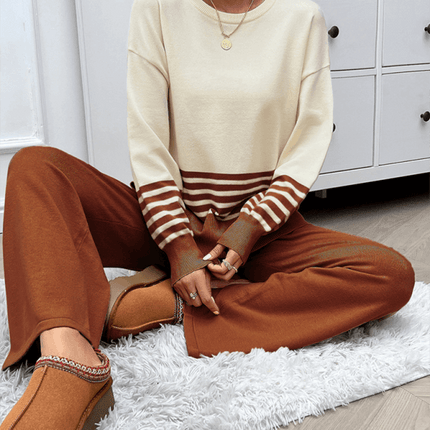 casual loose color block straight pants sweater set outfit back view