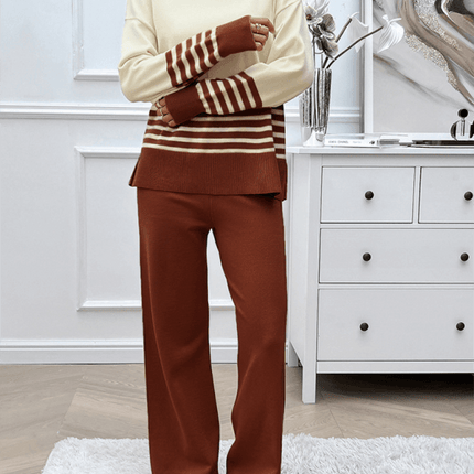 casual loose color block straight pants sweater set outfit acrylic fabric