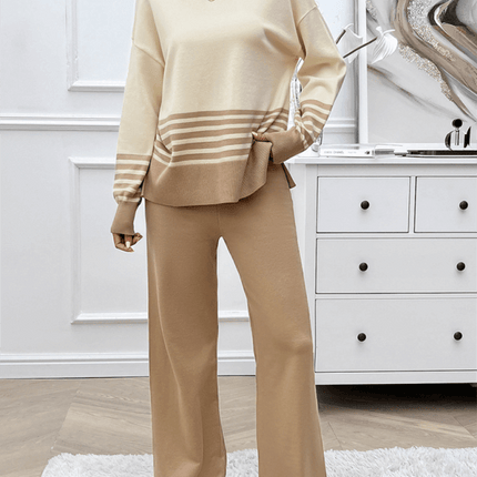 casual loose color block straight pants sweater set outfit model wearing