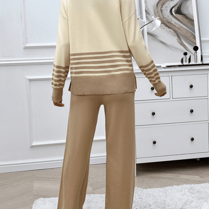 casual loose color block straight pants sweater set outfit outfit display