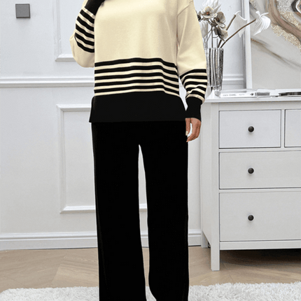 casual loose color block straight pants sweater set outfit comfy fit