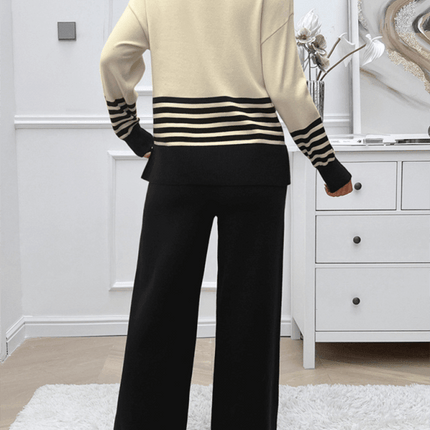 casual loose color block straight pants sweater set outfit leisure style