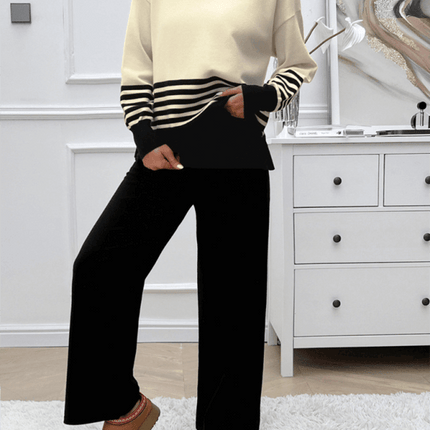 casual loose color block straight pants sweater set outfit full outfit