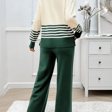 casual loose color block straight pants sweater set outfit daily wear