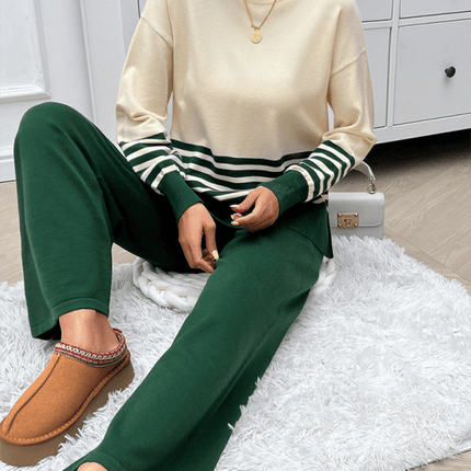 casual loose color block straight pants sweater set outfit four seasons