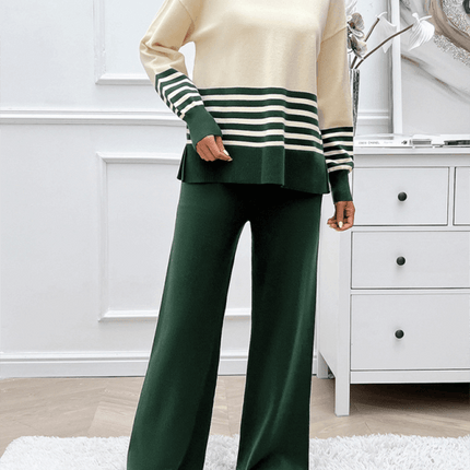 casual loose color block straight pants sweater set outfit knitted set