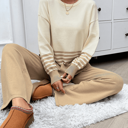 casual loose color block straight pants sweater set outfit side view