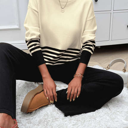 casual loose color block straight pants sweater set outfit top details