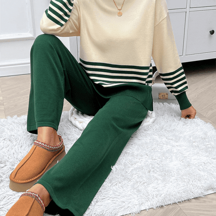 casual loose color block straight pants sweater set outfit pants details