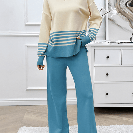 casual loose color block straight pants sweater set outfit round neck