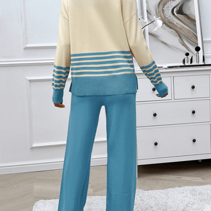 casual loose color block straight pants sweater set outfit knit texture
