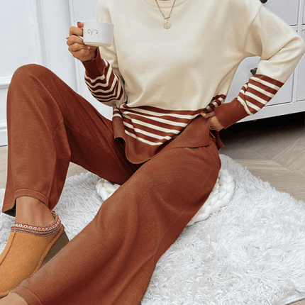 casual loose color block straight pants sweater set outfit sleeve detail