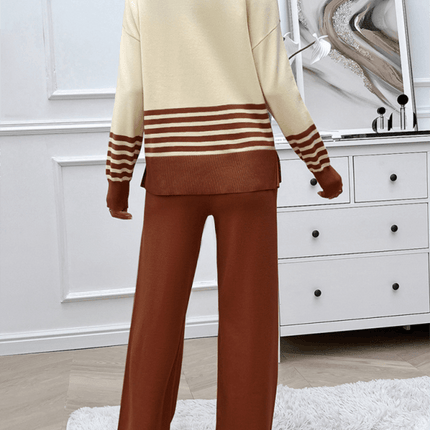 casual loose color block straight pants sweater set outfit waistband