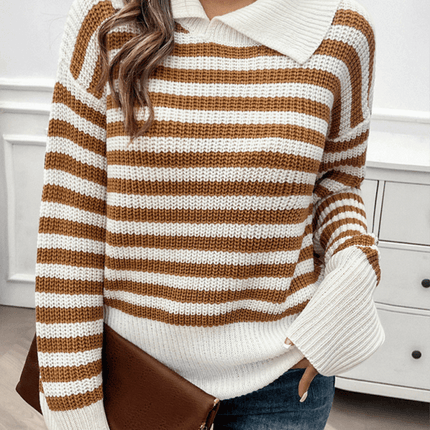 casual loose lapel striped knit sweater with long sleeves front