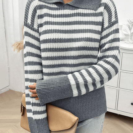 casual loose lapel striped knit sweater with long sleeves knit view