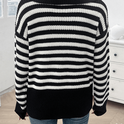 casual loose lapel striped knit sweater with long sleeves autumn style