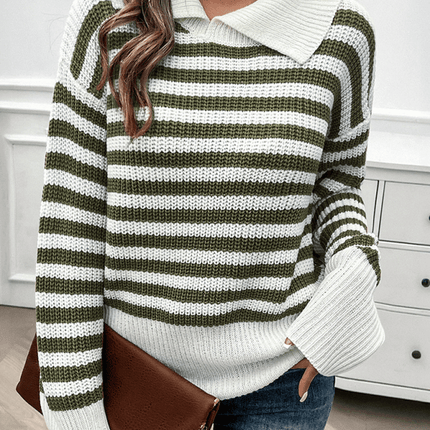 casual loose lapel striped knit sweater with long sleeves fashion shot