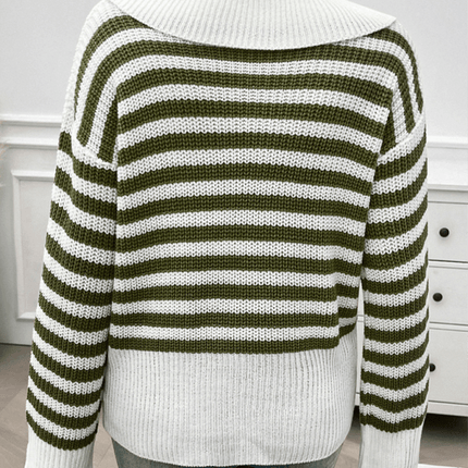 casual loose lapel striped knit sweater with long sleeves premium view