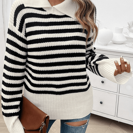 casual loose lapel striped knit sweater with long sleeves on model