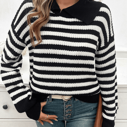 casual loose lapel striped knit sweater with long sleeves fabric