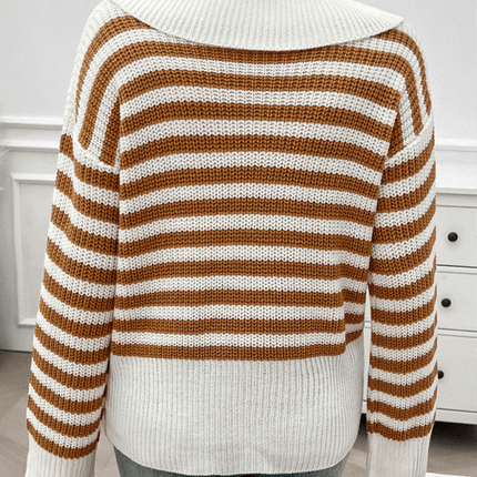 casual loose lapel striped knit sweater with long sleeves sleeves