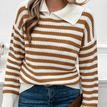 casual loose lapel striped knit sweater with long sleeves texture