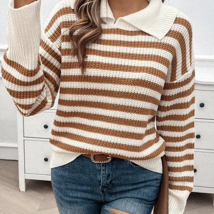 casual loose lapel striped knit sweater with long sleeves striped design