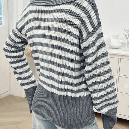 casual loose lapel striped knit sweater with long sleeves closeup