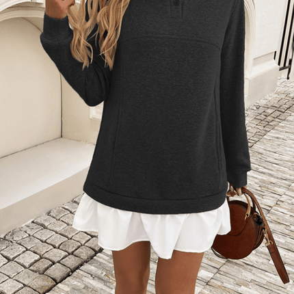 casual loose patchwork polo neck long sweatshirt dress x fabric