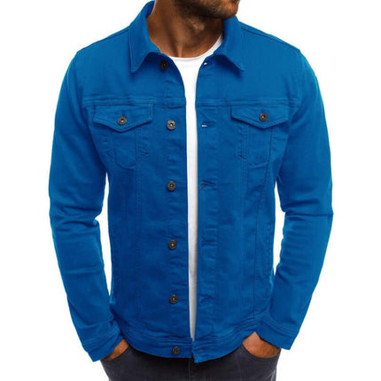 Casual Men Jacket Denim Button Shirt in bright blue color, featuring button closures and chest pockets, perfect for casual outings.