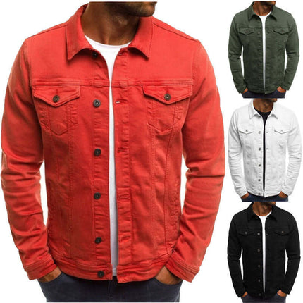 Casual Men Jacket Denim Button Shirt in red, green, white, and black colors displayed on models.
