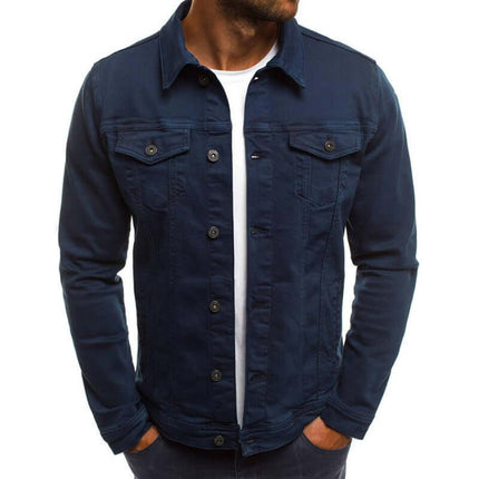 Casual Men Jacket Denim Button Shirt modeled by a man in a blue denim jacket with front pockets and button closure.
