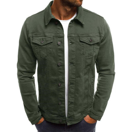 Casual Men Jacket Denim Button Shirt in olive green color, featuring a classic button-up design and two chest pockets.