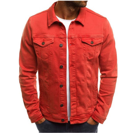 Casual Men Jacket Denim Button Shirt in vibrant red color with button details and front pockets.