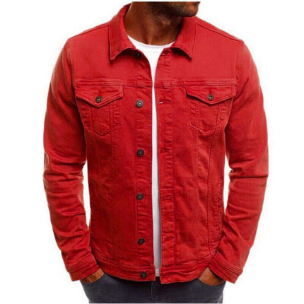 Casual Men Jacket Denim Button Shirt in red color, featuring button closure and front pockets, perfect for casual outings.