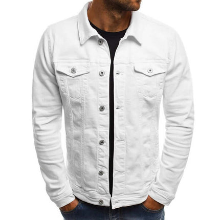 Casual Men Jacket Denim Button Shirt displayed in white color with a stylish design, featuring a button front and chest pockets.