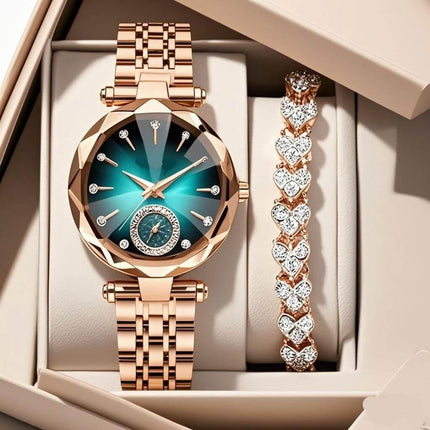 Casual Quartz Watch with Diamond Bracelet Set front view