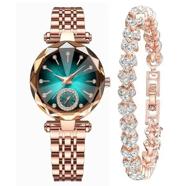 Casual Quartz Watch with Diamond Bracelet Set green color