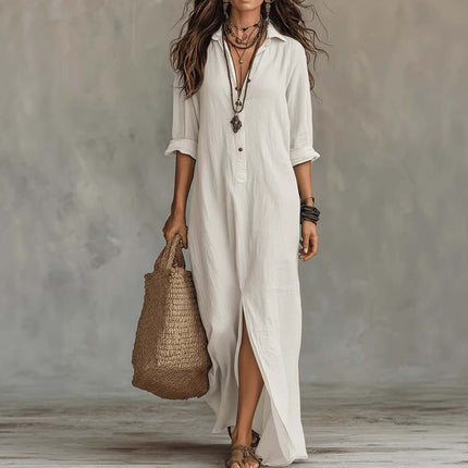 Casual Solid Color Lapel Side Slit Maxi Dress in white with a stylish side slit and accessories.