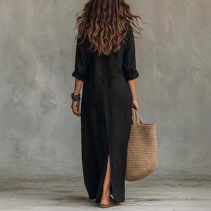 Casual Solid Color Lapel Side Slit Maxi Dress shown from the back with a woman carrying a woven bag.