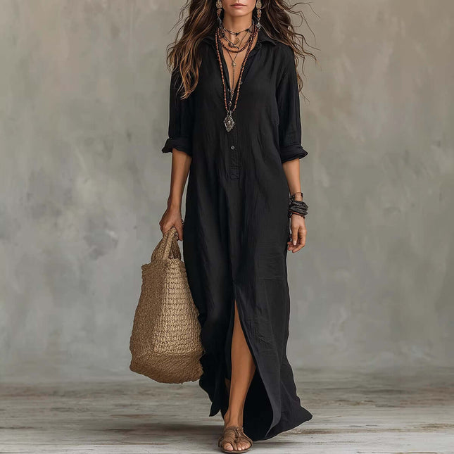 Casual Solid Color Lapel Side Slit Maxi Dress – loobyzons