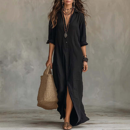 Casual Solid Color Lapel Side Slit Maxi Dress in black, featuring side slit and a relaxed fit with accessories.
