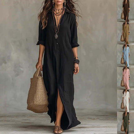 Casual Solid Color Lapel Side Slit Maxi Dress worn by a model with a straw bag, showcasing a stylish and chic look.