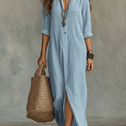 Casual Solid Color Lapel Side Slit Maxi Dress in light blue with side slit, modeled with accessories and a tote bag.