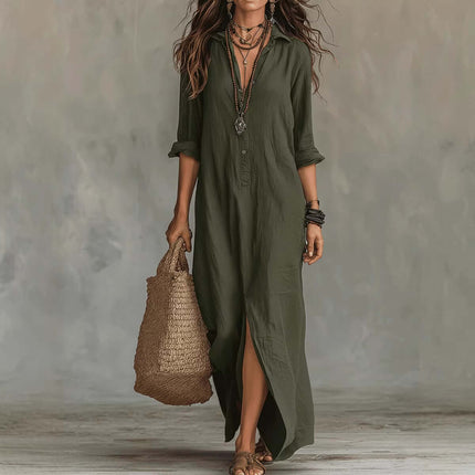 Casual Solid Color Lapel Side Slit Maxi Dress in green with side slit, perfect for casual outings and summer events.